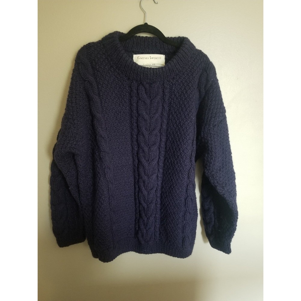Handmade in Nepal 100% wool cable fisherman sweater L navy blue XL